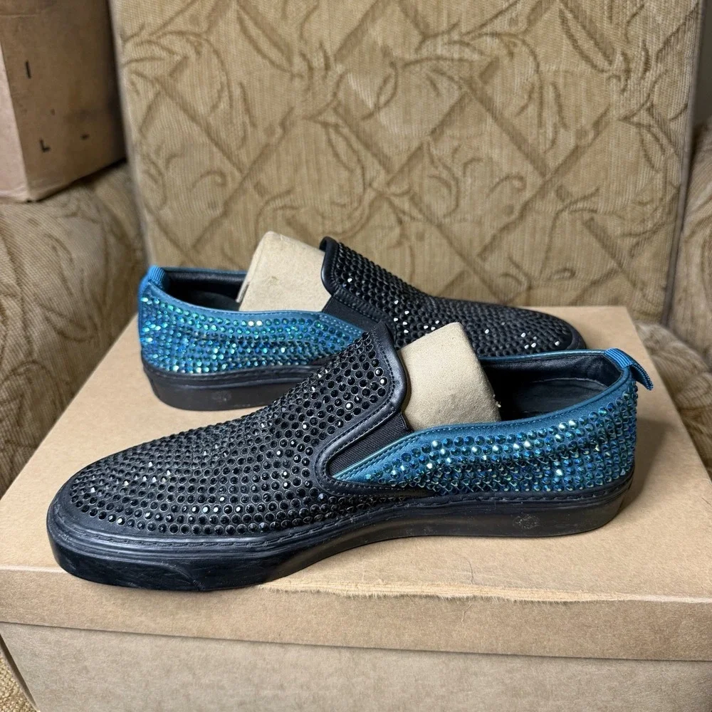 Gucci 368512 Crystal Satin Slip-On Sneakers Black Teal Men's US 7 UK 6 G Fit
